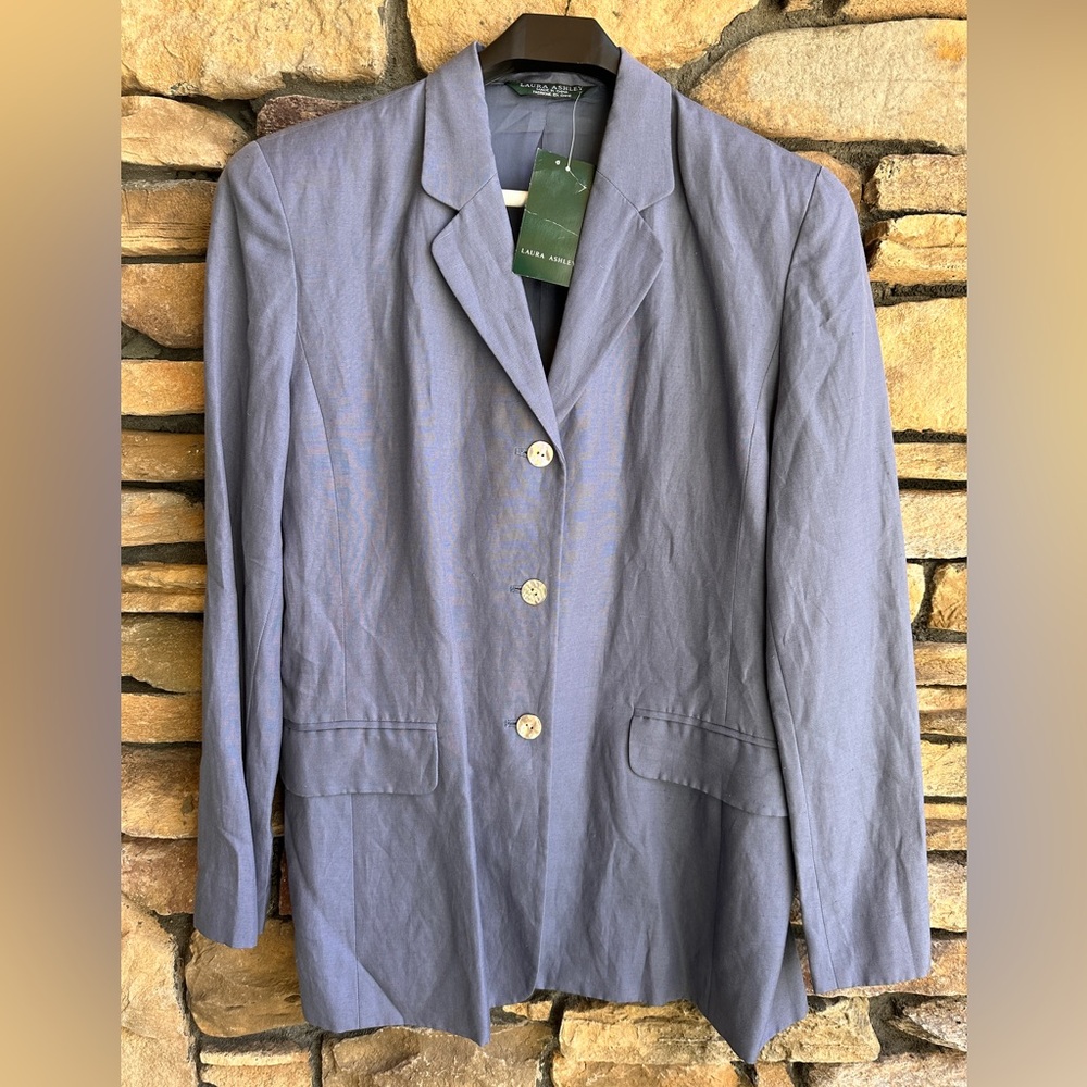 NWT Laura Ashley Silk Linen Blend Blue 3-Button Vintage  Blazer Jacket